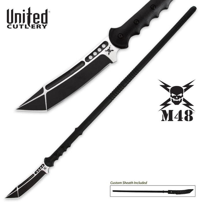 United Cutlery M48 Sabotage Tactical Survival Spear shown with 7 1/4” sharpened edge, black fiberglass and nylon handle, and custom sheath. 