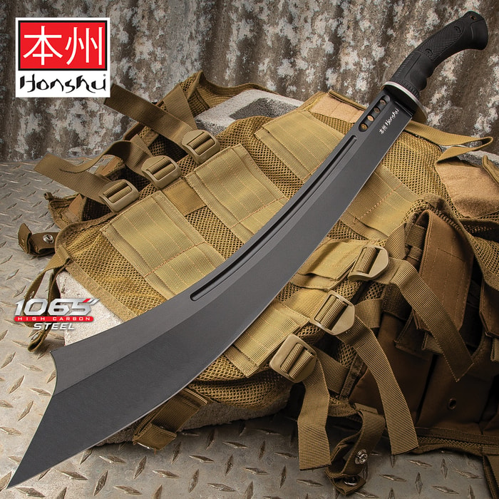 Honshu War Sword with black handle and blade shown laying on a tactical vest. 