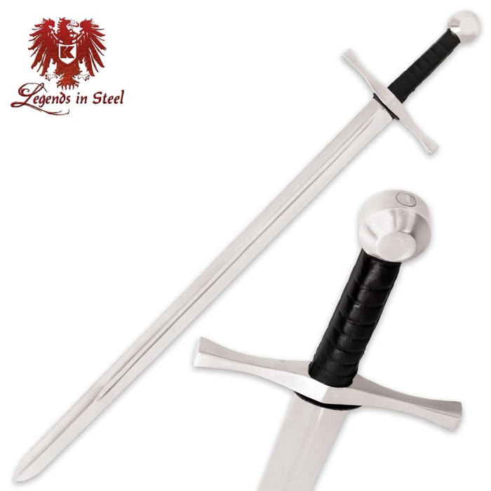 Legends in Steel Medieval Training Broadsword has a 32” high carbon steel blade and black leather grip. 