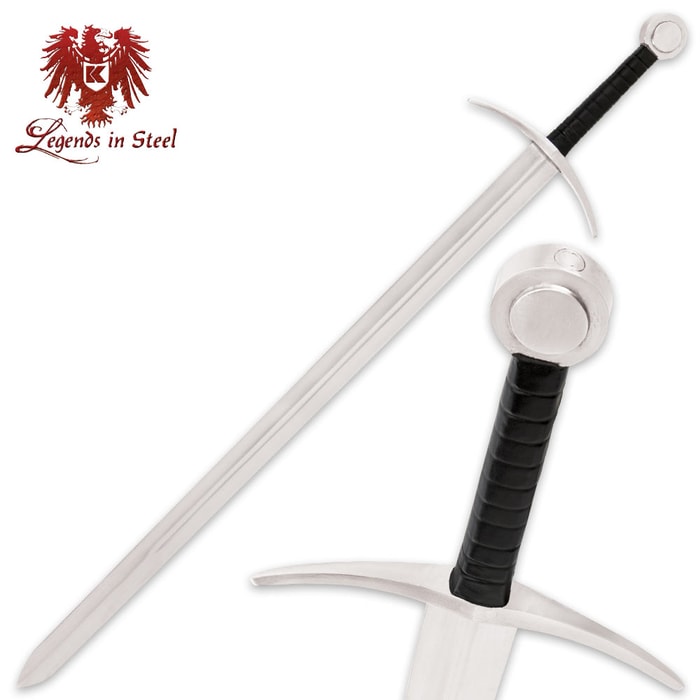 Legends in Steel Hand-And-A-Half Sword has a high carbon steel blade and black grooved wooden grip. 