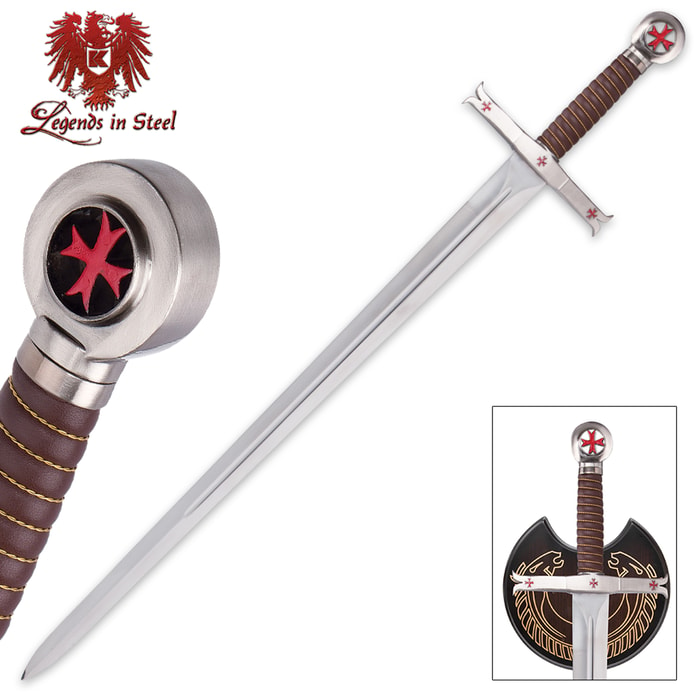 Crusader Knights Templar Sword with Wooden Display 