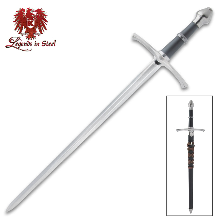The broadsword shown both in and out of its scabbard
