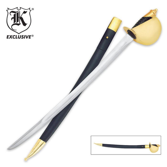 K Exclusive 1860 U.S. Navy cutlass sword with basket hand guard shown with leather-wrapped cast metal sheath. 