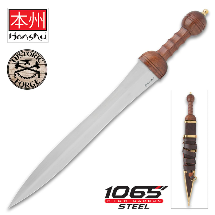 The Honshu Historic Forge Roman Mainz Pattern Gladius is shown both in and out of its scabbard next to the “Honshu” and “Historic Forge” logos.