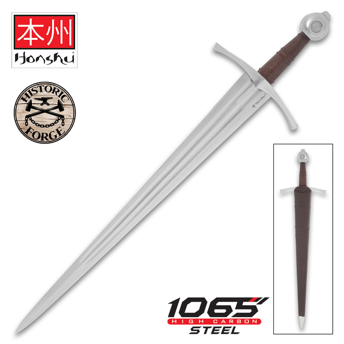 The Honshu Historic Forge 14th Century Double Fuller Sword is shown both in and out of its scabbard next to the “Honshu” and “Historic Forge” logos.
