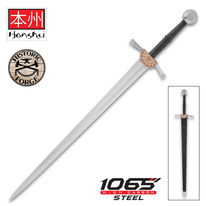 The Honshu Historic Forge German Long Sword is shown both in and out of its black leather sheath, next to images of the “Honshu,” “Historic Forge,” and “1065 Carbon Steel” logos.