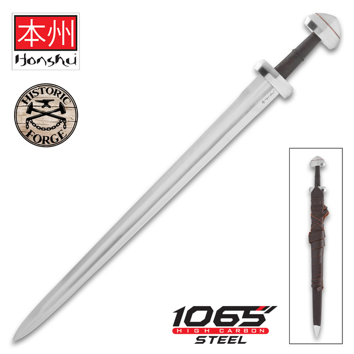 Full view of the Honshu Historic Forge Viking Sword, shown both in and out of its sheath, next to the “Honshu,” “Historic Forge”, and “1065 Carbon Steel” logos.