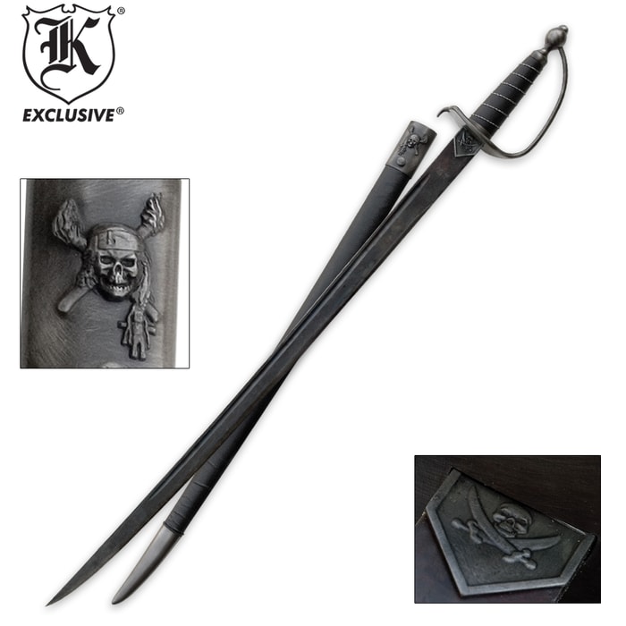 K Exclusive Captain Hook Pirate Cutlass sword skull detail shown aside the full sword with matching black wooden scabbard. 