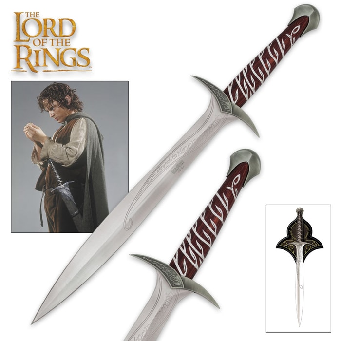 Lord of the Rings sting sword of Frodo engraved with runes on the blade and handguard showcased with matching wooden plaque
