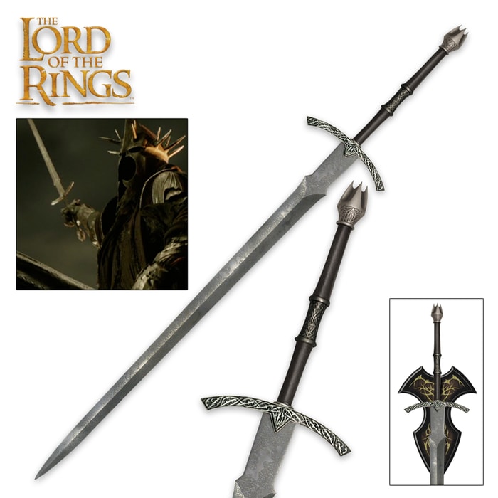 Lord of the Rings sword with stainless steel blade presented in angles showcasing a leather wrapped handle and crown pommel

