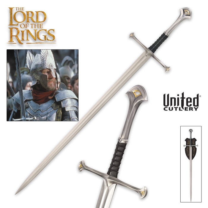 The Lord of the Rings Narsil sword is shown in full detail, hanging from wooden wall plaque and with a closer look at the leather wrapped handle. 