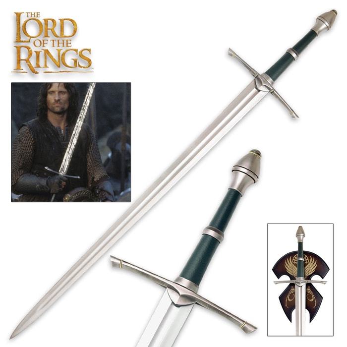 The Lord of the Rings Sword of Strider shown in full, with an up close look at the green leather wrapped grip, and hanging from a wooden wall plaque. 