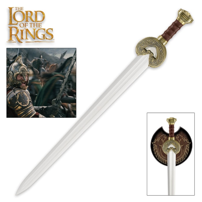 Lord of the rings sword with brass plated metal guard, genuine leather handle and pommel adjacent to wooden display plaque
