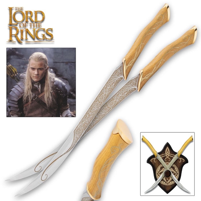 Lord of the Rings Legolas Greenleaf fighting knives with vine lines on sharp blade and polyresin wood handles lying crossed
