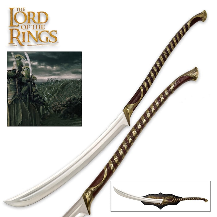 The Lord of the Rings High Elven warrior sword shown in different views, with attention to the gold vine grip details and displayed on a wall plaque.