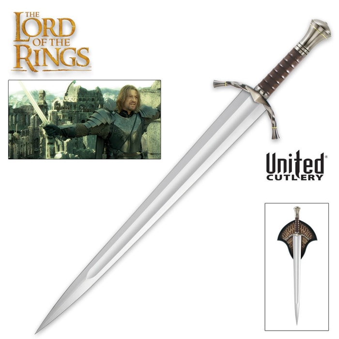 The Lord of the Rings sword of Boromir shown in full and hanging from a decorative wooden plaque. 