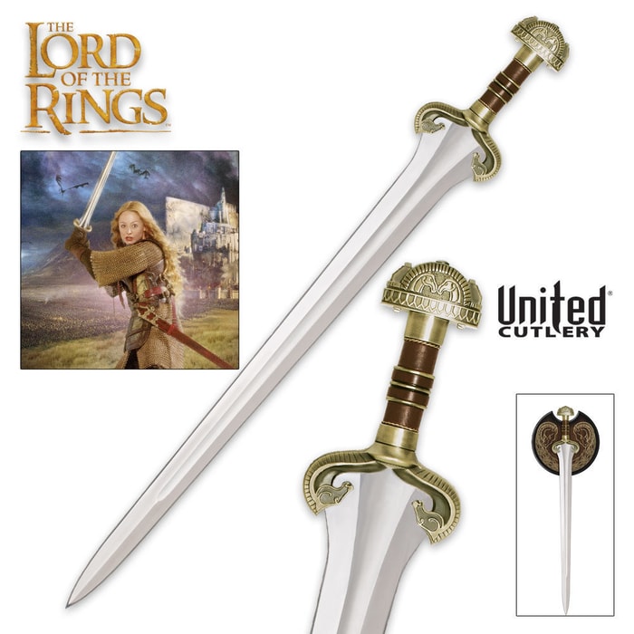 Lord of the Rings replica 420 stainless steel sword with a metal guard and brass plated pommel with famed horses of Rohan on hilt

