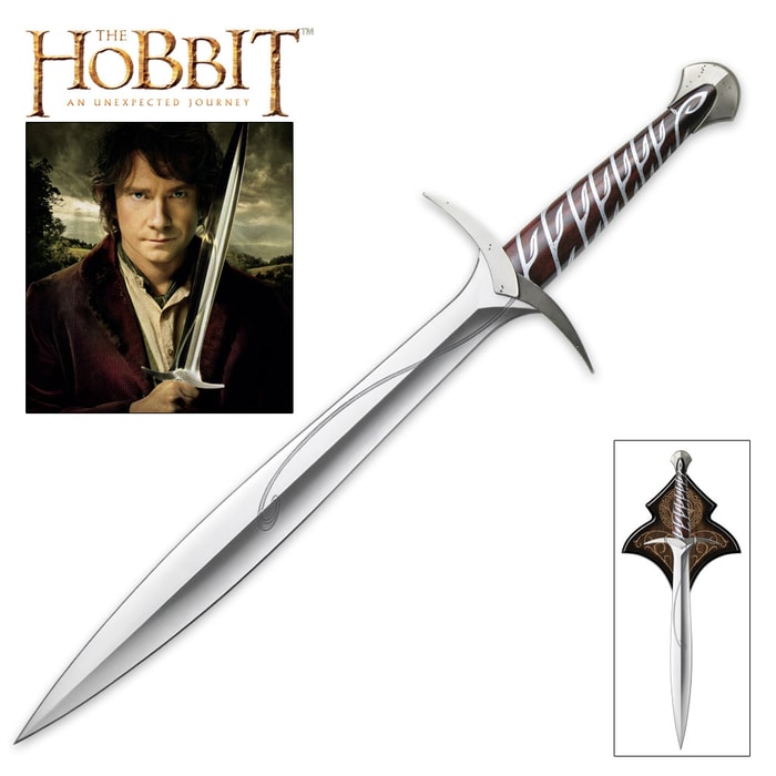 The Hobbit Sting sword shown held by character Bilbo Baggins, in full view with detailed vine grip, and on wooden wall plaque.  
