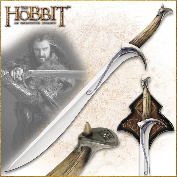 The Hobbit Orcrist sword shown held by character Thorin Oakenshield and with detailed views of metal hilt and wooden wall plaque. 