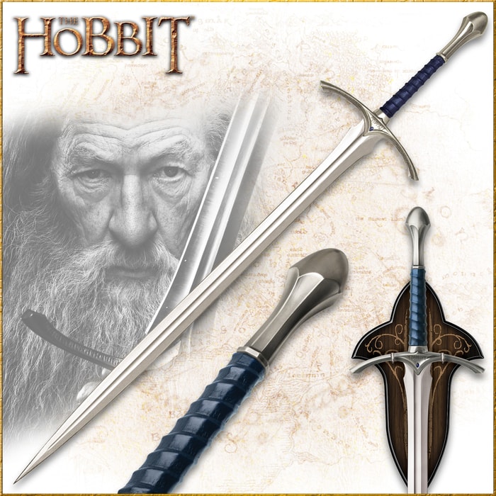 The Hobbit Glamdring sword shown in full between photos of the sword held by character Gandalf and displayed on a wooden wall plaque. 