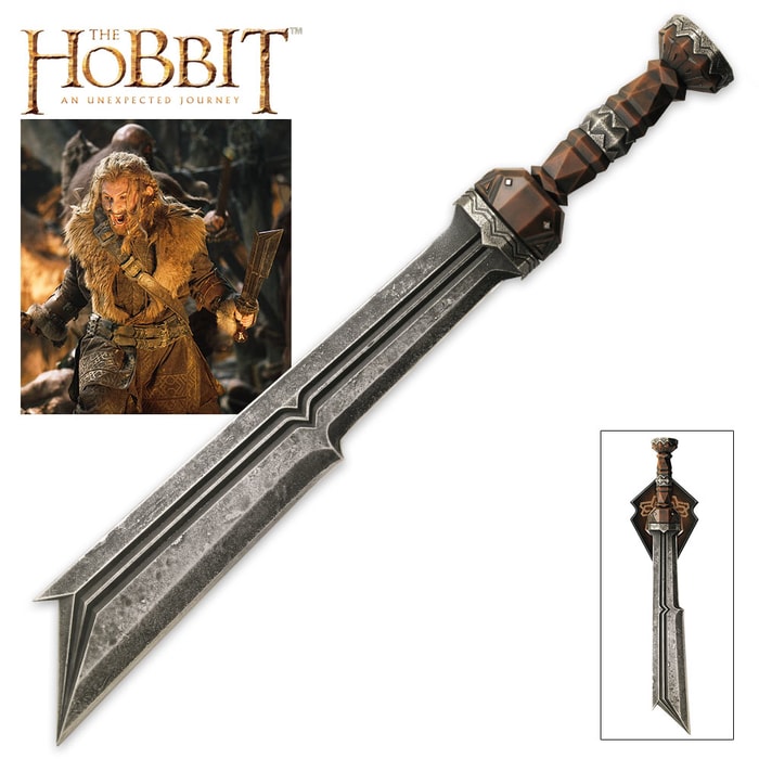 The Hobbit Sword of Fili shown held by the character, in full, and on wooden wall plaque. 