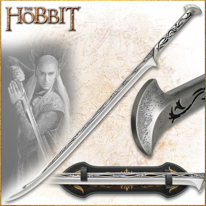 The Hobbit Sword of Thranduil is shown held by the character and with vine and leaf symbols engraved along the hilt. 