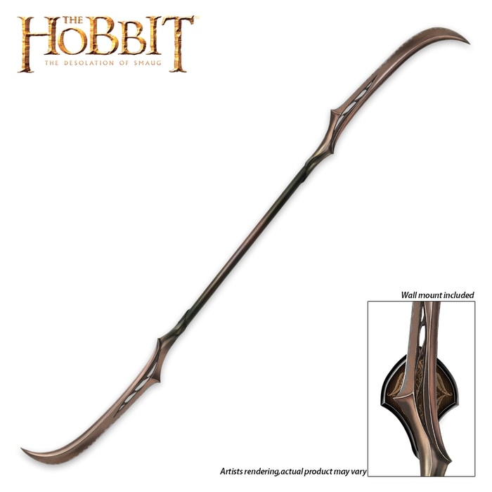 The Hobbit Mirkwood Double Bladed Polearm replica has two bronze-finished cast stainless steel blades and hardwood shaft. 
