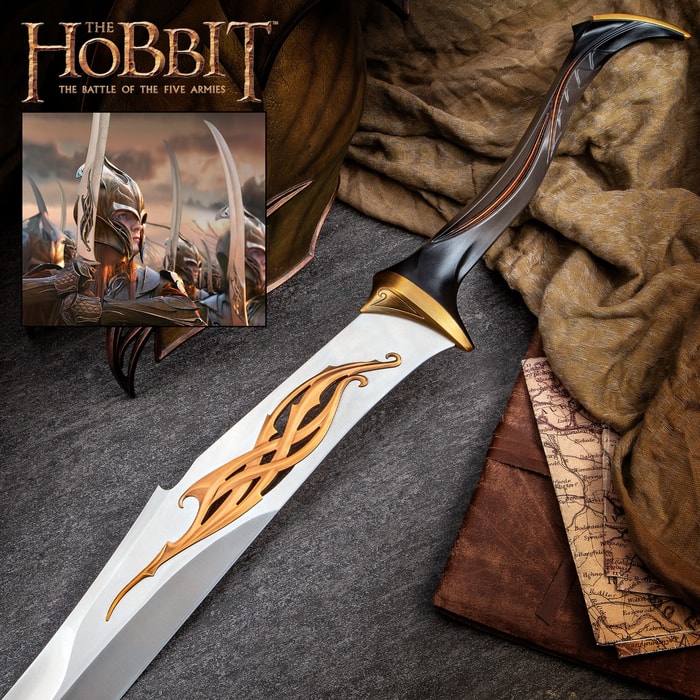 The Hobbit mirkwood infantry elven curve blade showcasing silvan designs with a bronze finish handle and metal hilt
