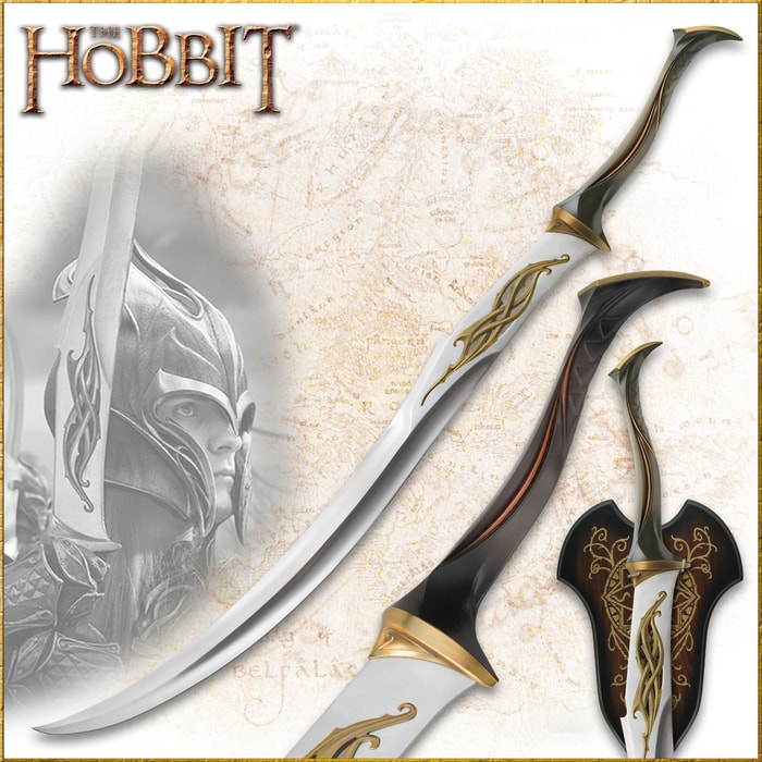 The Hobbit Mirkwood Infantry Sword shown with bronze-finished metal hilt atop brown cloths and a map next to a movie still. 