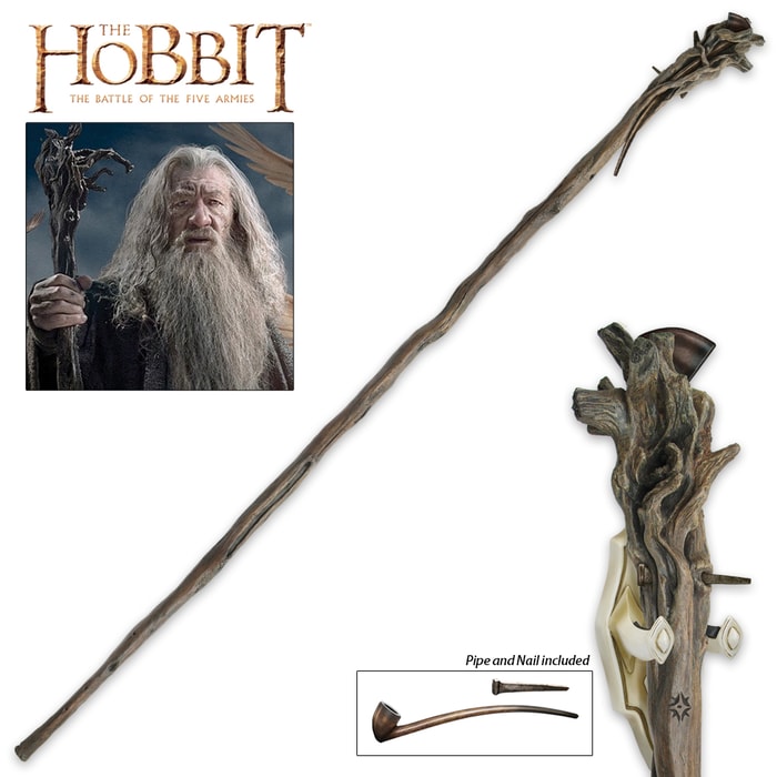 The Hobbit Staff of Gandalf the Grey shown held by the character, in full, and with included pipe and nail. 