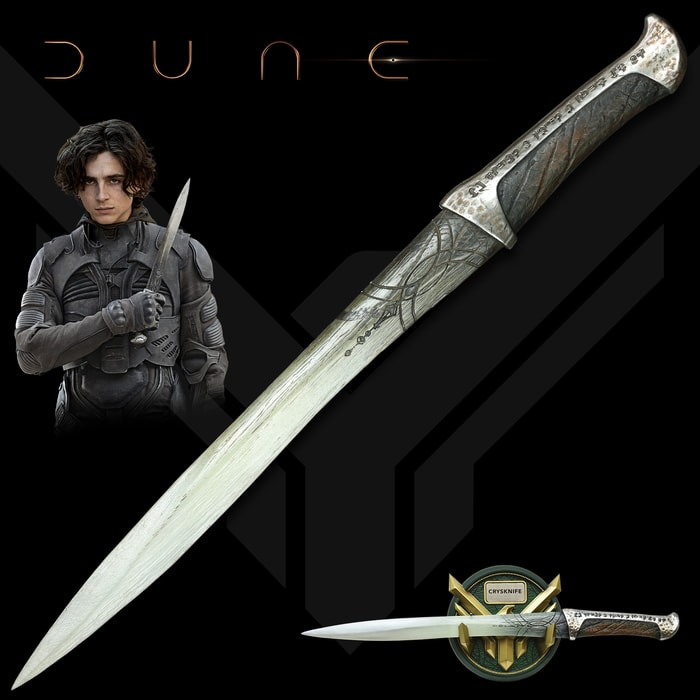 The officially licensed Dune Crysknife of Paul Atreides shown on a black background, with images of the knife on a plaque and held by the character.