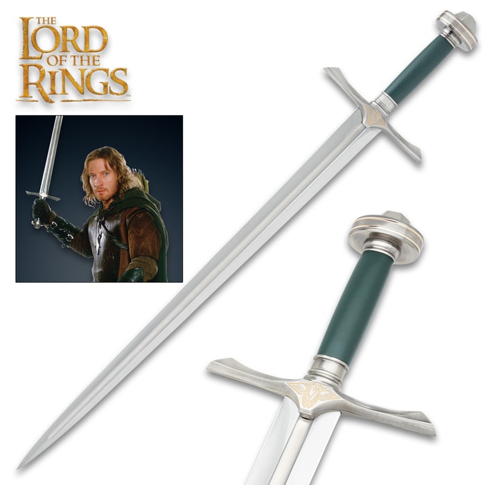 The Lord of the Rings Sword of Faramir shown with its display plaque and the full length of its blade