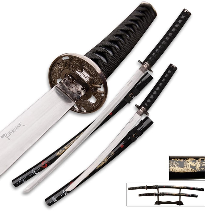2 Piece Samurai Sword Collector Set with Wooden Display Stand