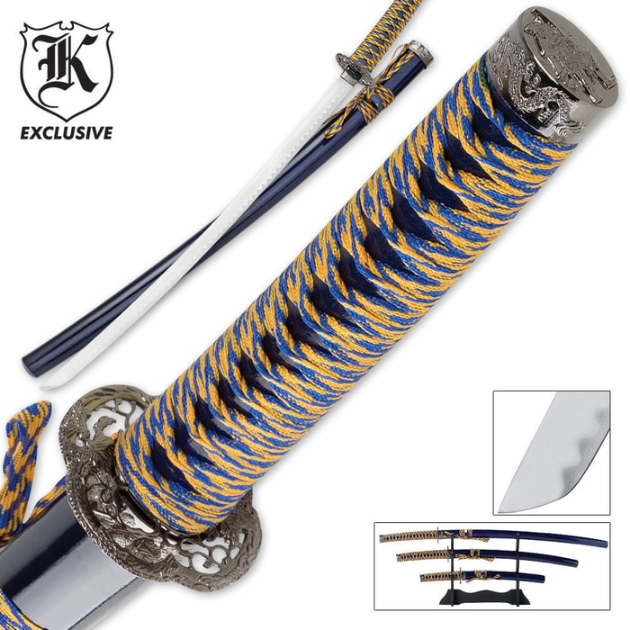 3 Pc. Golden Tiger Sapphire Katana Samurai Sword Set