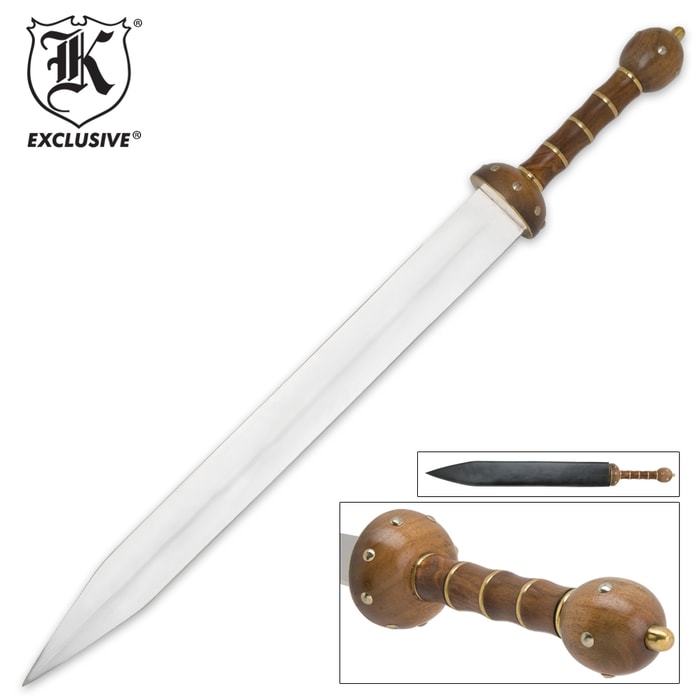 K Exclusive Roman Gladiator Spartan sword shown with attention to the uniquely shaped hardwood handle grip with brass accents and in black leather scabbard. 