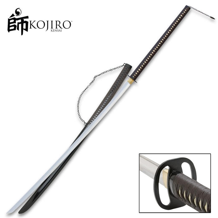The 69” Kojiro Kensai Japanese Odachi sword features a leather wrapped hardwood handle, coordinating wooden scabbard and unique guard. 