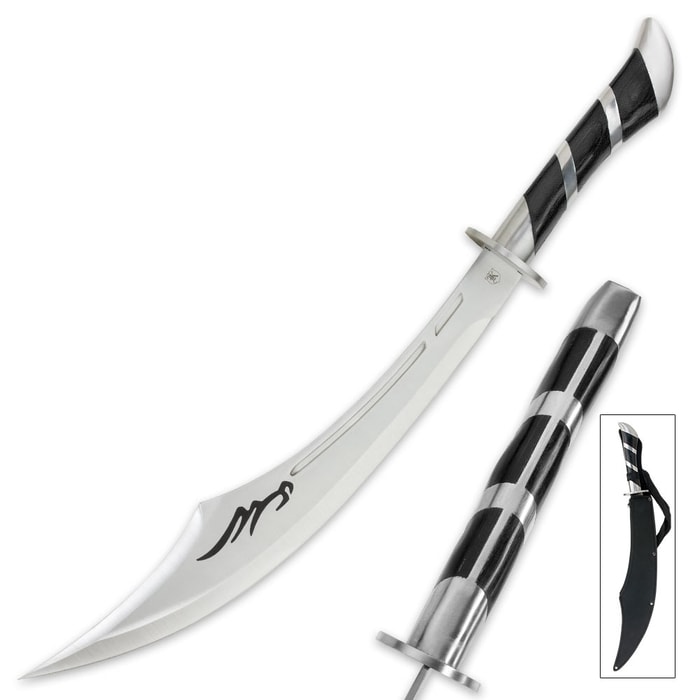 Arabian Sands Scimitar sword shown with black detailing on the curved blade and with black sheath. 