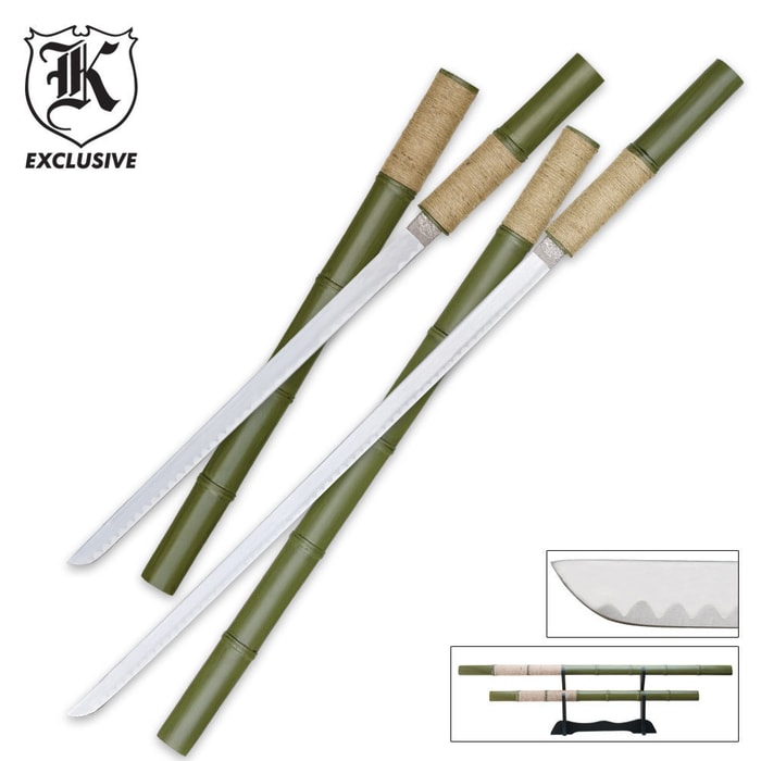 Traditional Green Bamboo 2 Piece Sword Set