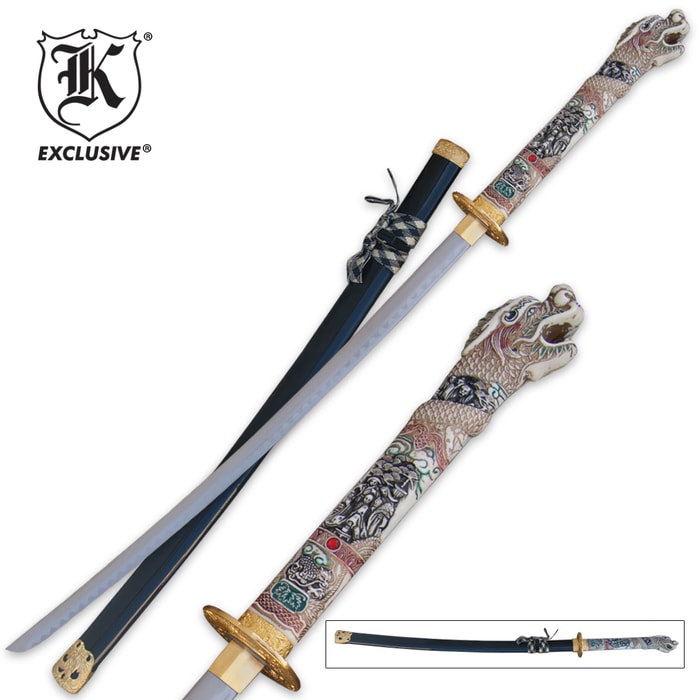 K Exclusive Generation Dragon katana shown next to scabbard and detailed view of faux ivory handle with dragon pommel. 