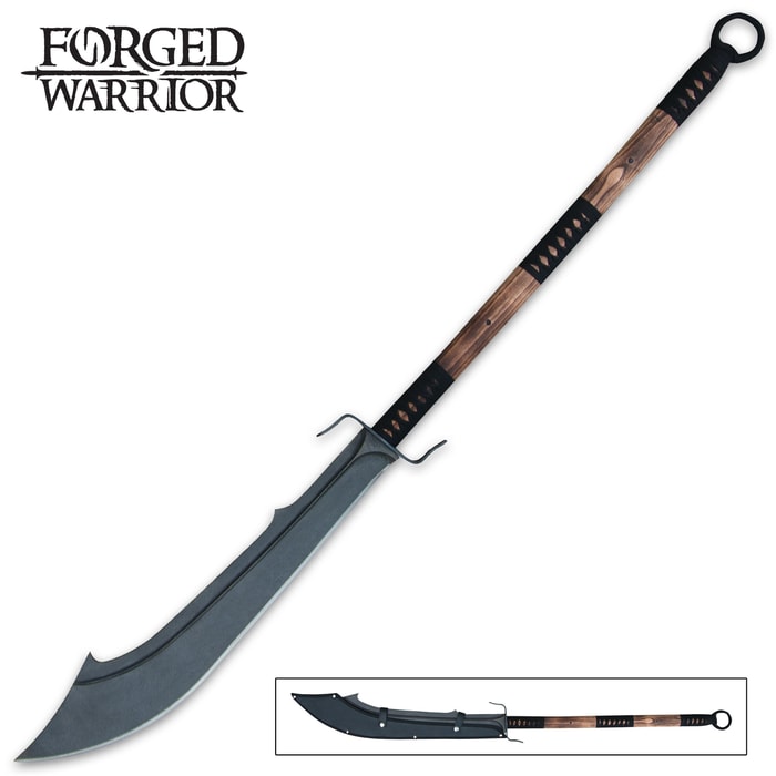 Forged Warrior war sword shown with thick forged steel blade and 28” solid wood handle. 