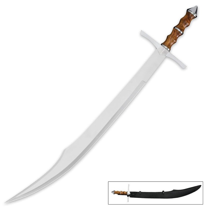 Imperial Knight Shimitar sword has stainless still curved blade, contoured heartwood handle, and black leather sheath. 