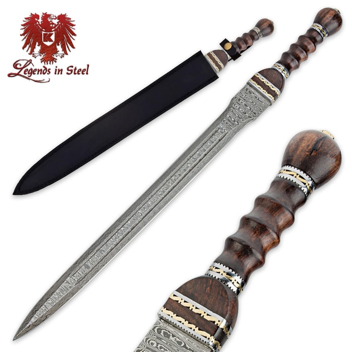 Legends in Steel gladiator sword with Damascus steel blade, carved heartwood handle with brass accents, and leather sheath. 