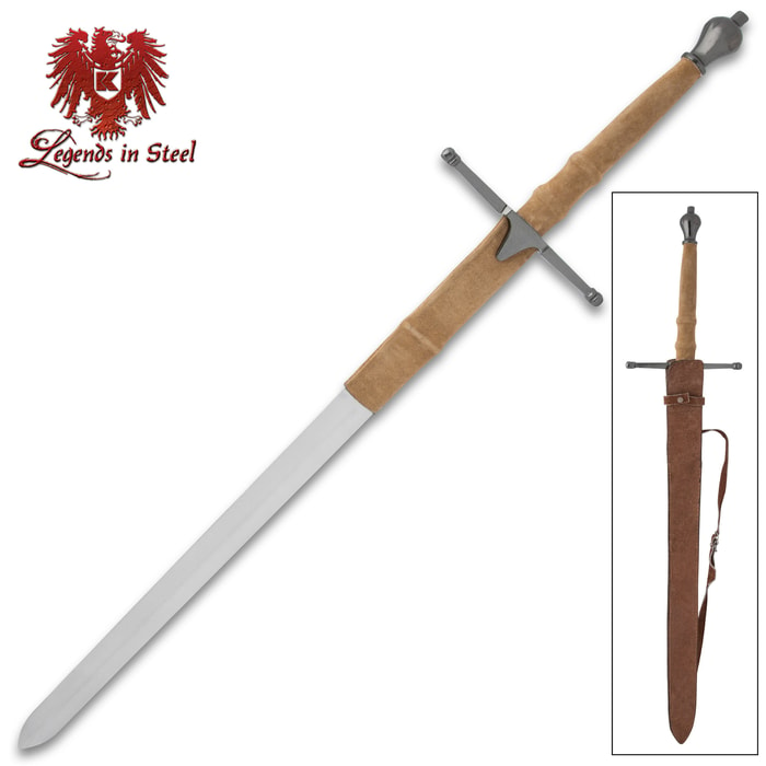 Legends in Steel William Wallace two-handed sword is shown in full with tan leather ricasso and inside leather scabbard with strap. 
