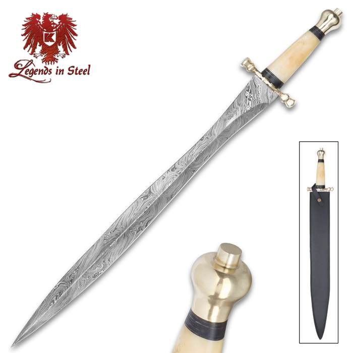 Legends in Steel Persian Sword shown with Damascus steel blade and carved bone handle. 