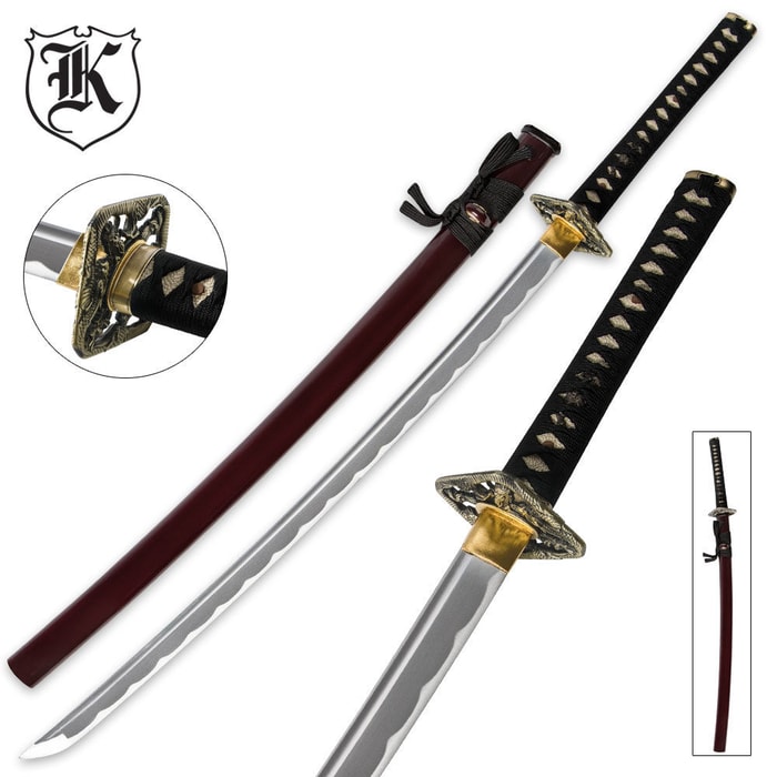 Dueling Dragon Samurai Katana Sword Carbon Steel Crimson With Scabbard