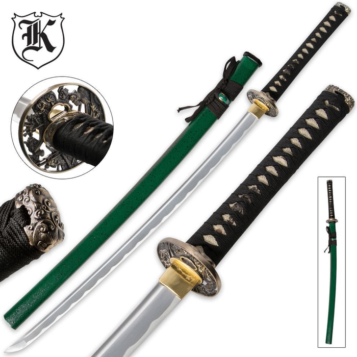 Dueling Dragon Samurai Katana Sword Carbon Steel Emerald Green With Scabbard