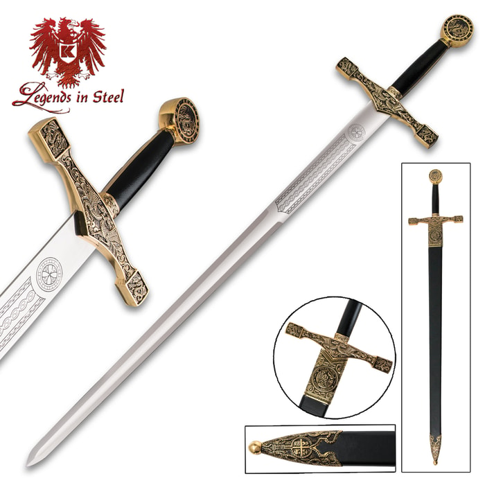 Legends in Steel Excalibur shown from five different views with gold accents and ornate guard, pommel, and scabbard. 