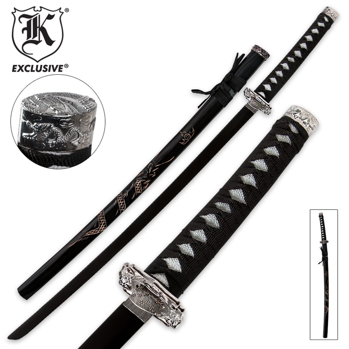K Exclusive katana shown from various views with a dragon design on both the scabbard and pommel. 