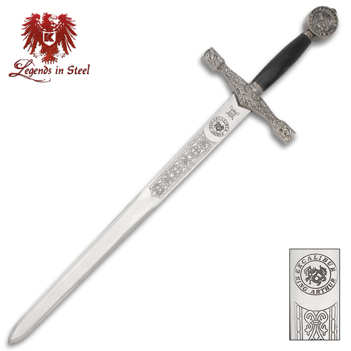 A 420 stainless steel King Arthur Excalibur sword with detailed engravings on the sliver blade with a black textured grip
