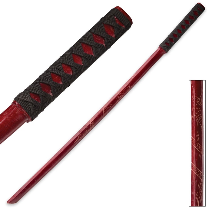 Red Hand-Carved Bokken Samurai Dragon Sword